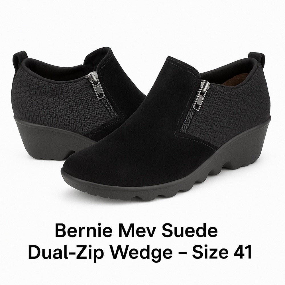 Bernie Mev Black Suede Dual-Zip Wedge Comfort Shoes Size‎ 41 (US 10